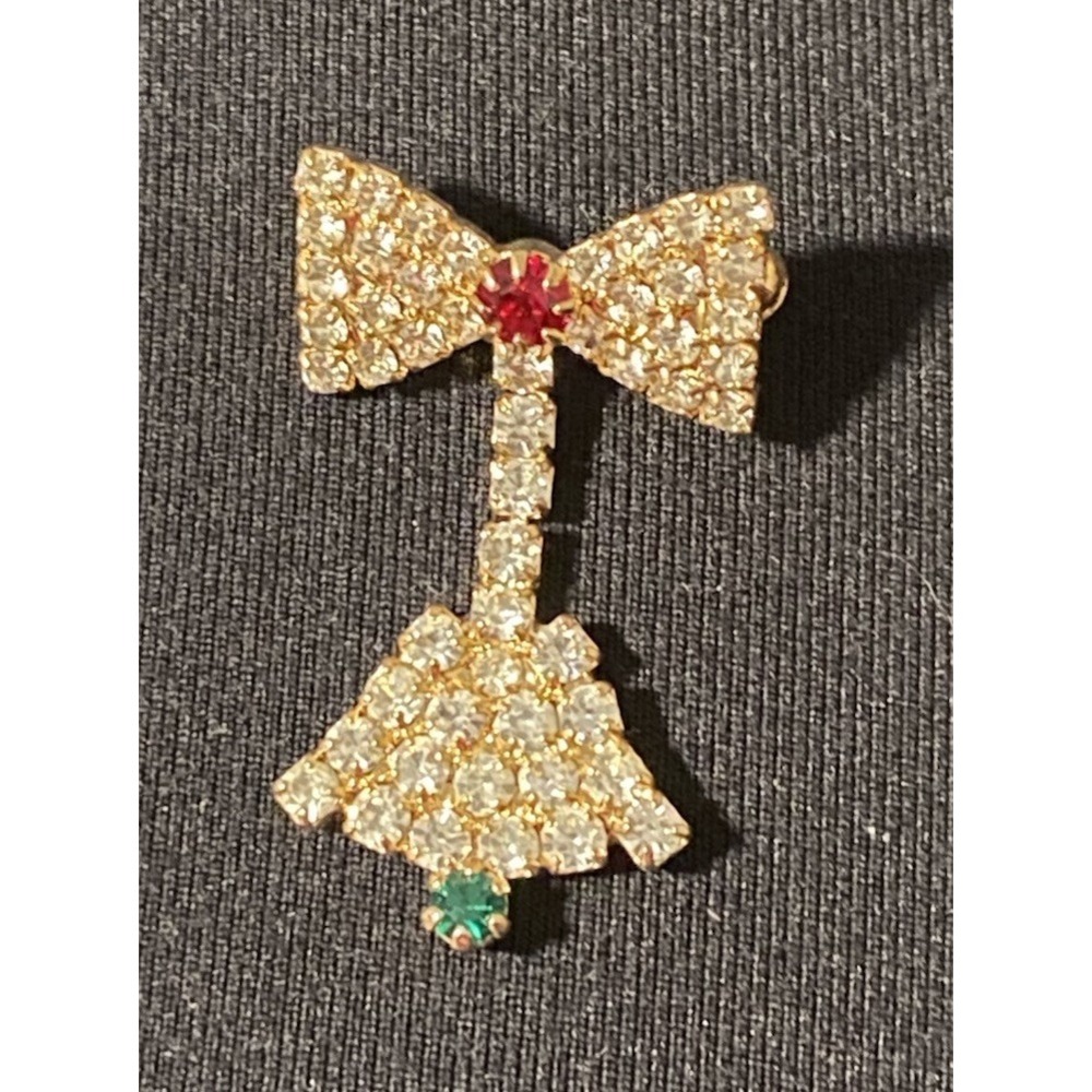 Vtg Rare Signed Eisenberg ICE Xmas Bow/Bell Clear Red Green Rhinestone Brooch